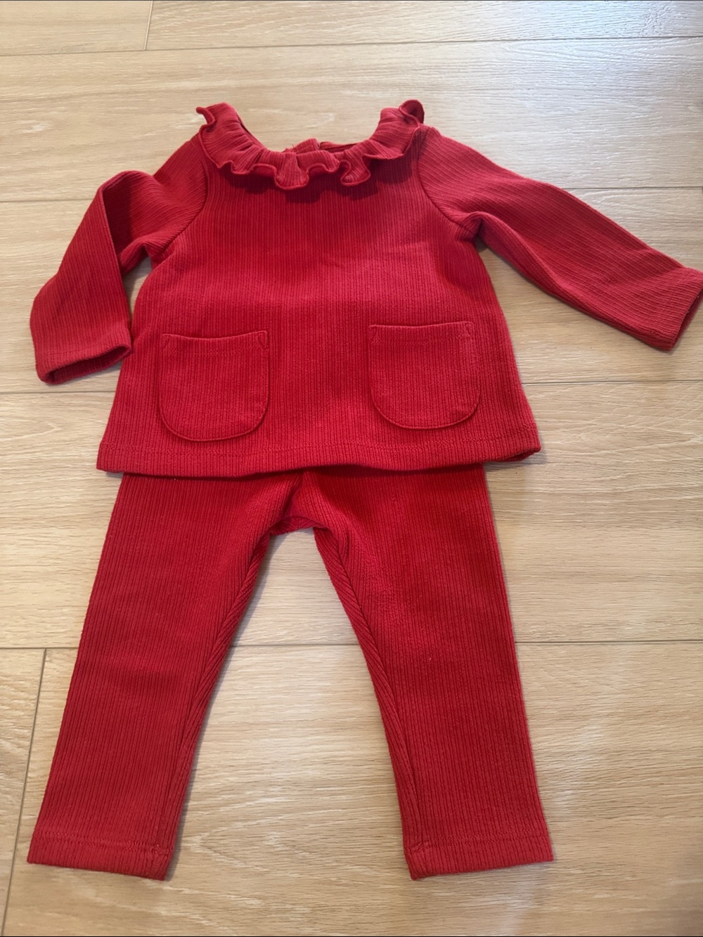 cloud island Red Ribbed Ruffle Neck Matching Set